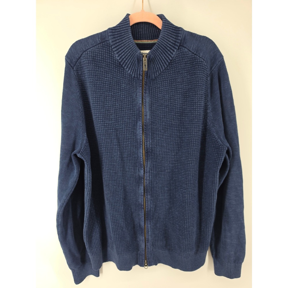 Tommy Bahama Mens XL Full Zip Cardigan Sweater Navy Blue Waffle Knit Cotton